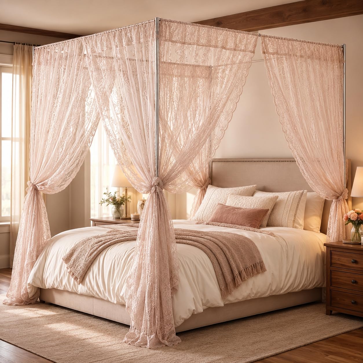 Lace Canopy Bed Curtains Set, 4 Corner Double Layer Mosquito Net (Pink)