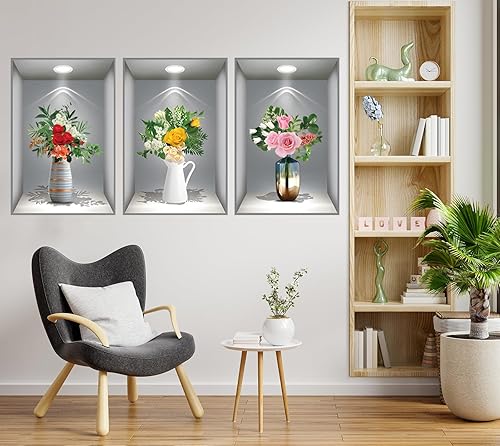 Miniatura 9 de Calcomanías de pared 3D de plantas verdes en maceta, calcomanías de pared de jarrones de flores blancas 3D, vinilo creativo para despegar y pegar,