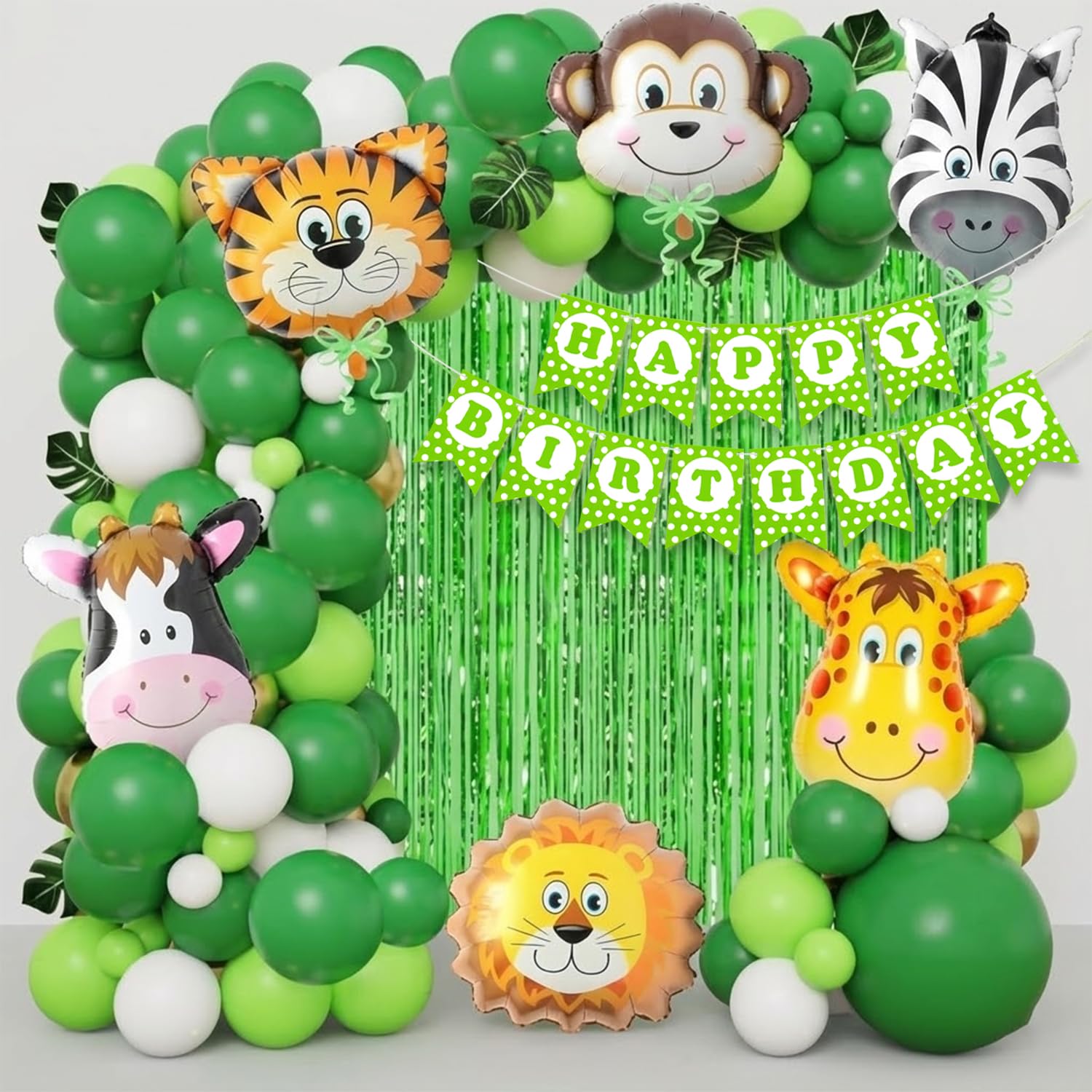 Rozi Decoration Jungle Safari Birthday Decoration Set, 48 Pieces with Animal Balloons, Green Foil Curtain, Happy Birthday Banner (Cardstock)-image-47