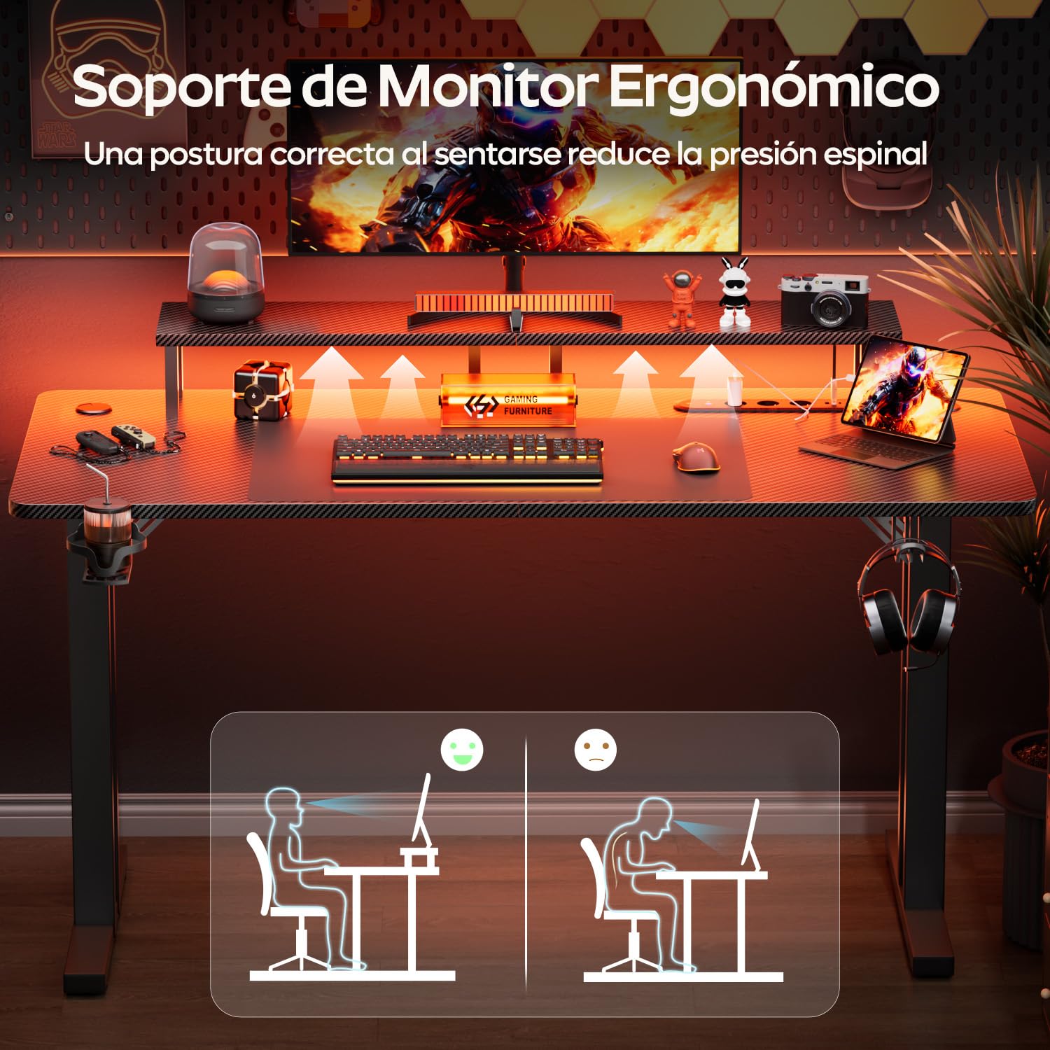 HLFURNIEU Mesa Gaming LED 140 x 60 cm, Escritorio Gaming con Enchufes & Puertos USB, Mesa Gamer con Soporte para Monitor, Portavasos y Gancho para Auriculares, Superficie de Fibra de Carbono, Negro