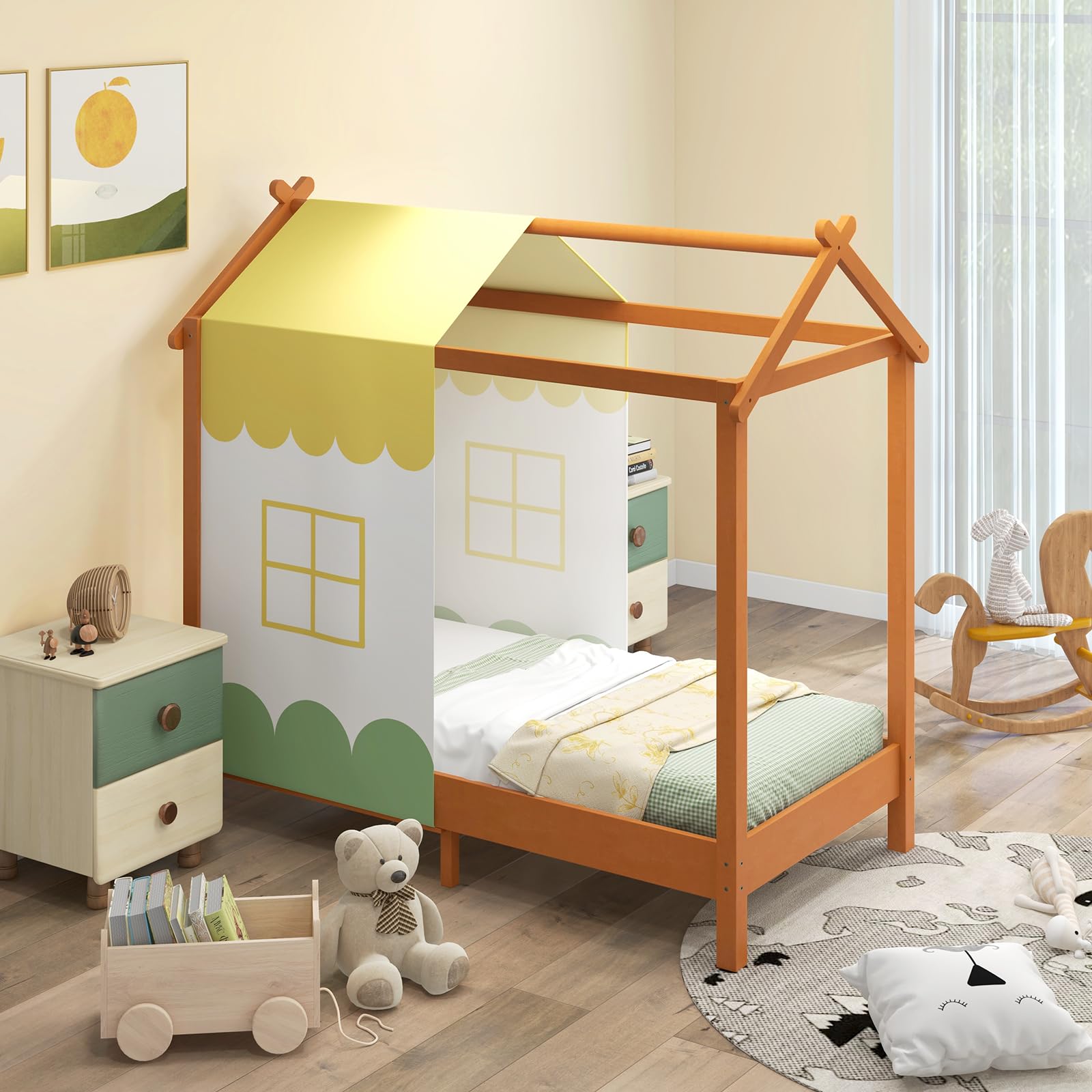 GOPLUS Lit Cabane Enfant 141x72CM, Lit à Baldaquin Enfants, Cadre de Lit Enfant Forme de Maison pour Bébés, Charge 100KG,pour Enfants 1-7 Ans