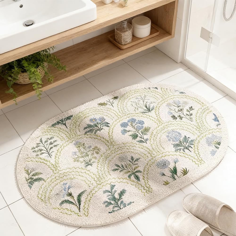 Spring Floral Bathroom Rug 32" x 20" Wild Flowers Bathroom Mat Boho Floral Bath Rug (Oval, Green)