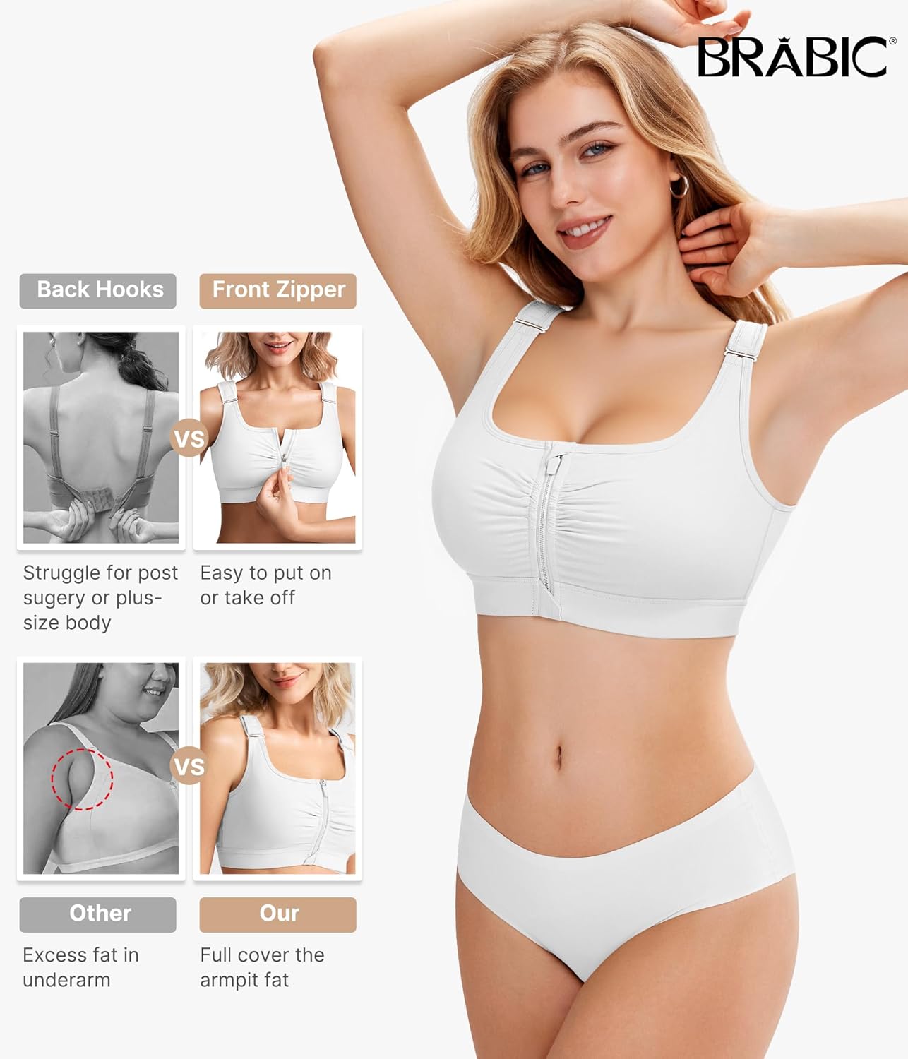 BRABIC Zip Front Closure Bras for Women Post Sugery Compression Surgical Bra Full Coverage with Adjustable Straps - Image 5