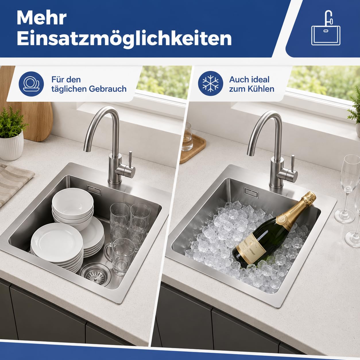 BONADE Spülbecken Edelstahl 40 x 34 cm, 1 Becken Küchenspüle Rechteckig, Moderne Küchenspüle mit Edelstahl Waschbecken, Siphon & Ausgussbecken, Stabil und Langlebig, Leicht zu Reinigen