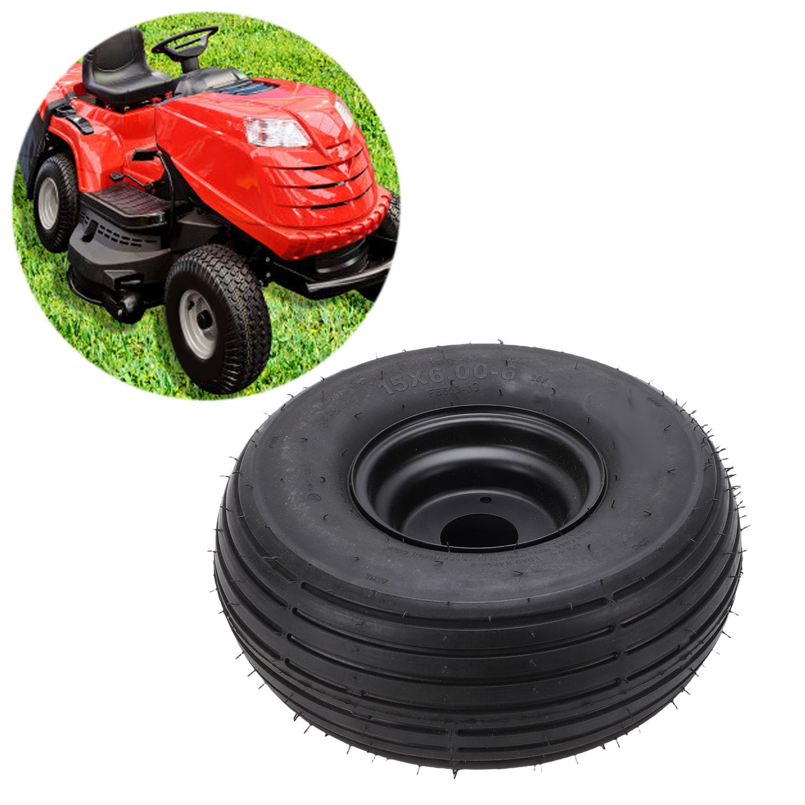 Conjunto de Llanta y Rueda de 15x6.00 6, Llanta para Cortacésped de Caucho Metálico Resistente con Cubo Centrado de 3 Pulgadas y Bujes de 3/4 de Pulgada, para Tractor de Jardín
