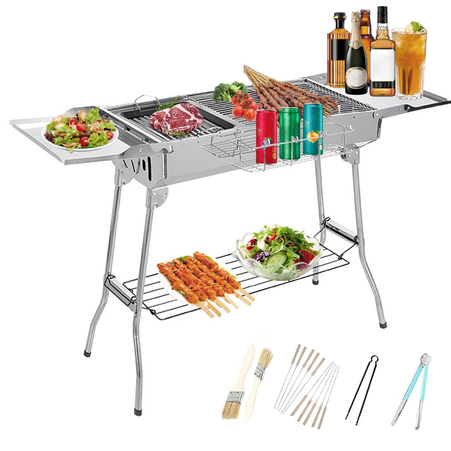 Barbecue à charbon de bois en acier inoxydable Rôtissoire pliable Barbecue portable pour camping, randonnée, pique-nique, cuisson en plein air, avec double couche, gril pliant