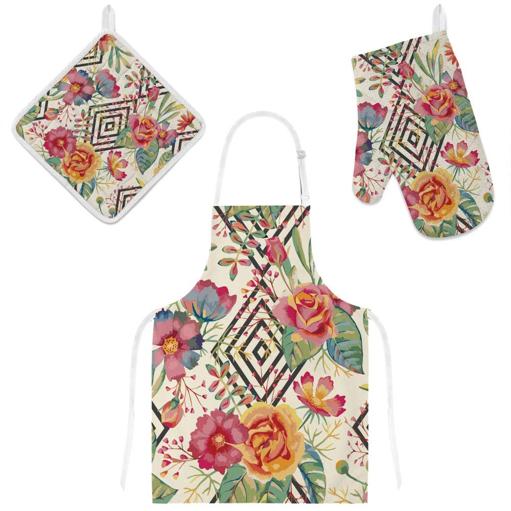 Tablier de cuisine floral 3 pièces : cadeau surprise idéal