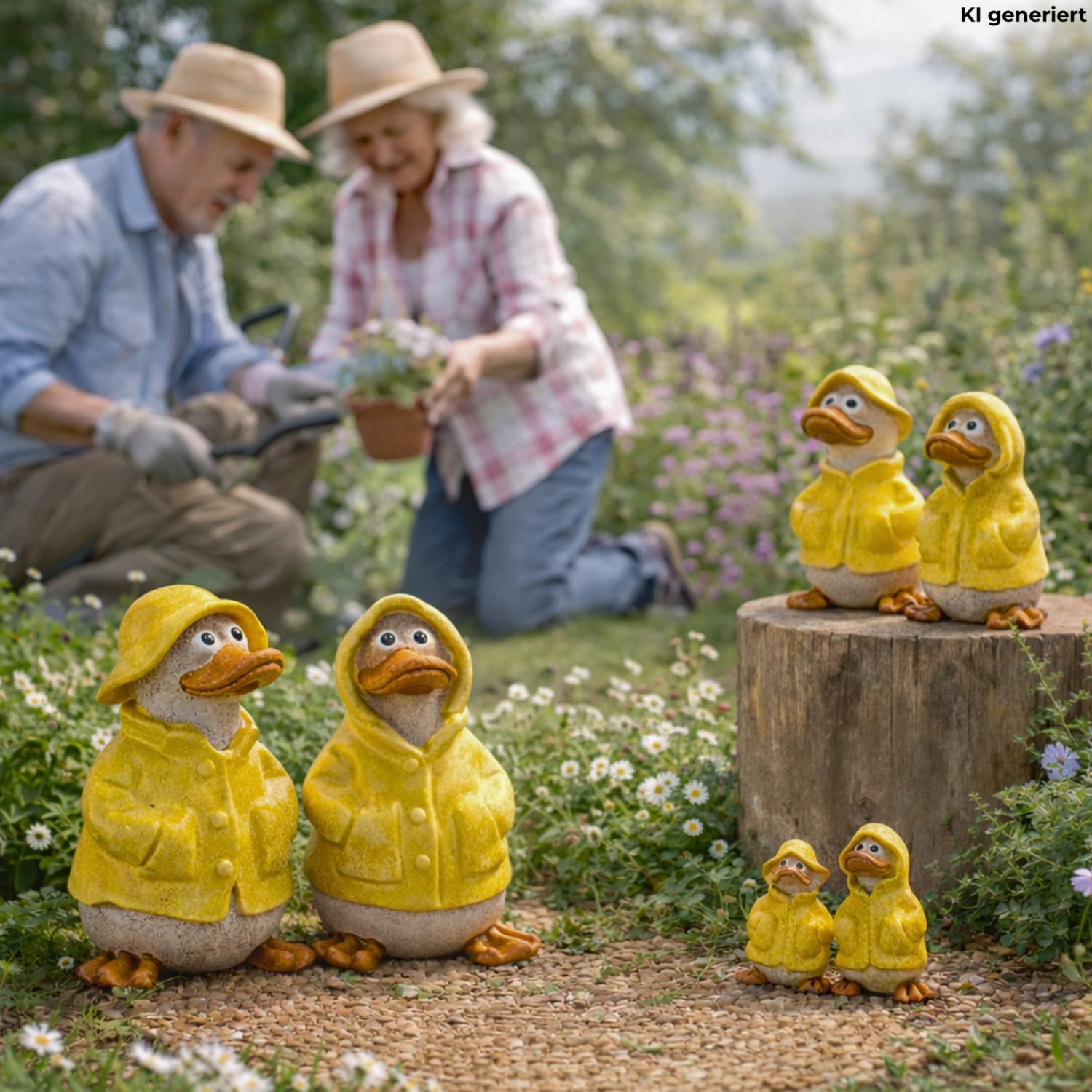 XL 2er Set Dekofiguren, Gartendeko Regenenten, Deko-Enten, Entenfiguren, Gartenfigur Ente, Teichfigur Ente in gelb mit Regenmantel und Mütze als 2er Set, Größe einer Gartenfigur, L/B/H 8 x 8 x 14 cm.