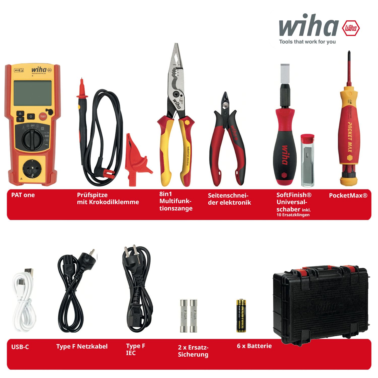 Wiha Gerätetester Set PAT one – Messgerät für Geräteprüfung DIN VDE 0701/0702 mit KI-Bilderkennung NFC-Dokumentation, Auto-Test FI/RCD-Prüfung, Koffer