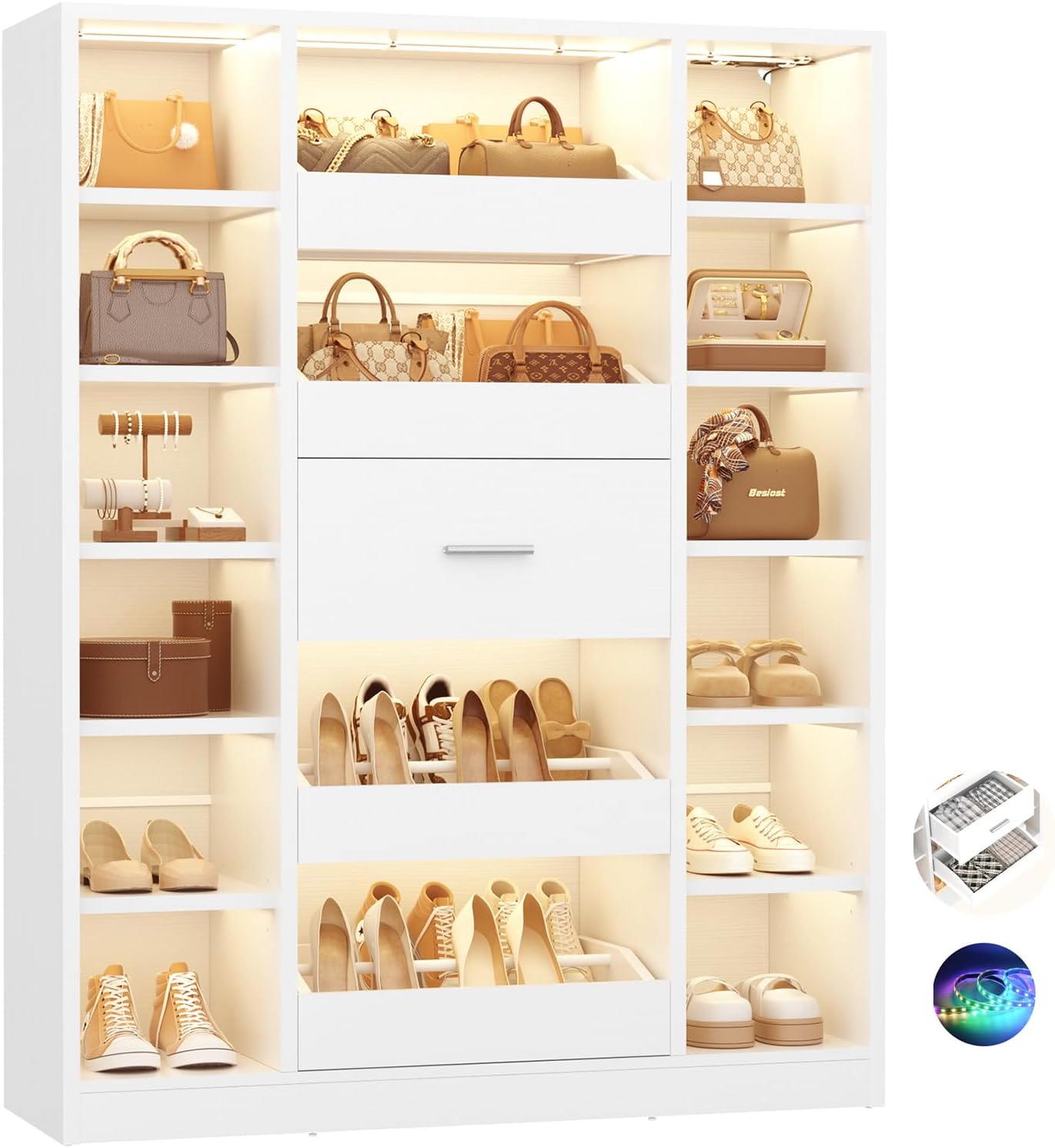 Besiost Shoe Cabinet with 12 Shelves & 5 Drawers, 40" W Wooden Shoe Rack with LED Lights, Holds Up to 30+ Pairs of Shoes, Vertical Shoe Storage Cabinet for Entryway, Hallway, Walk-in Closets, White