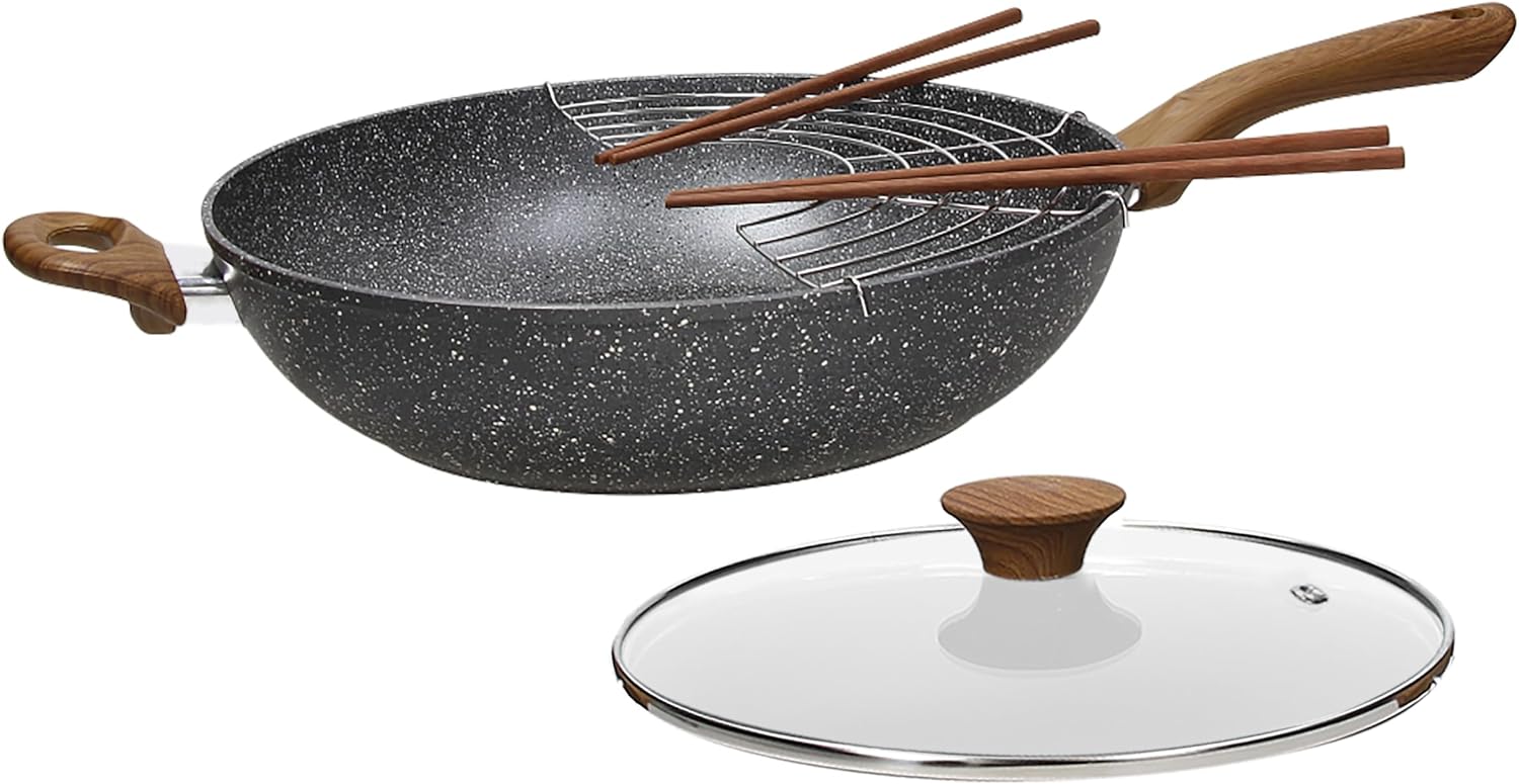 Tognana Stone & Wood orientalny wok z grillem i szklaną pokrywką 32 cm + 4 patyczki drewniane, aluminium, szary