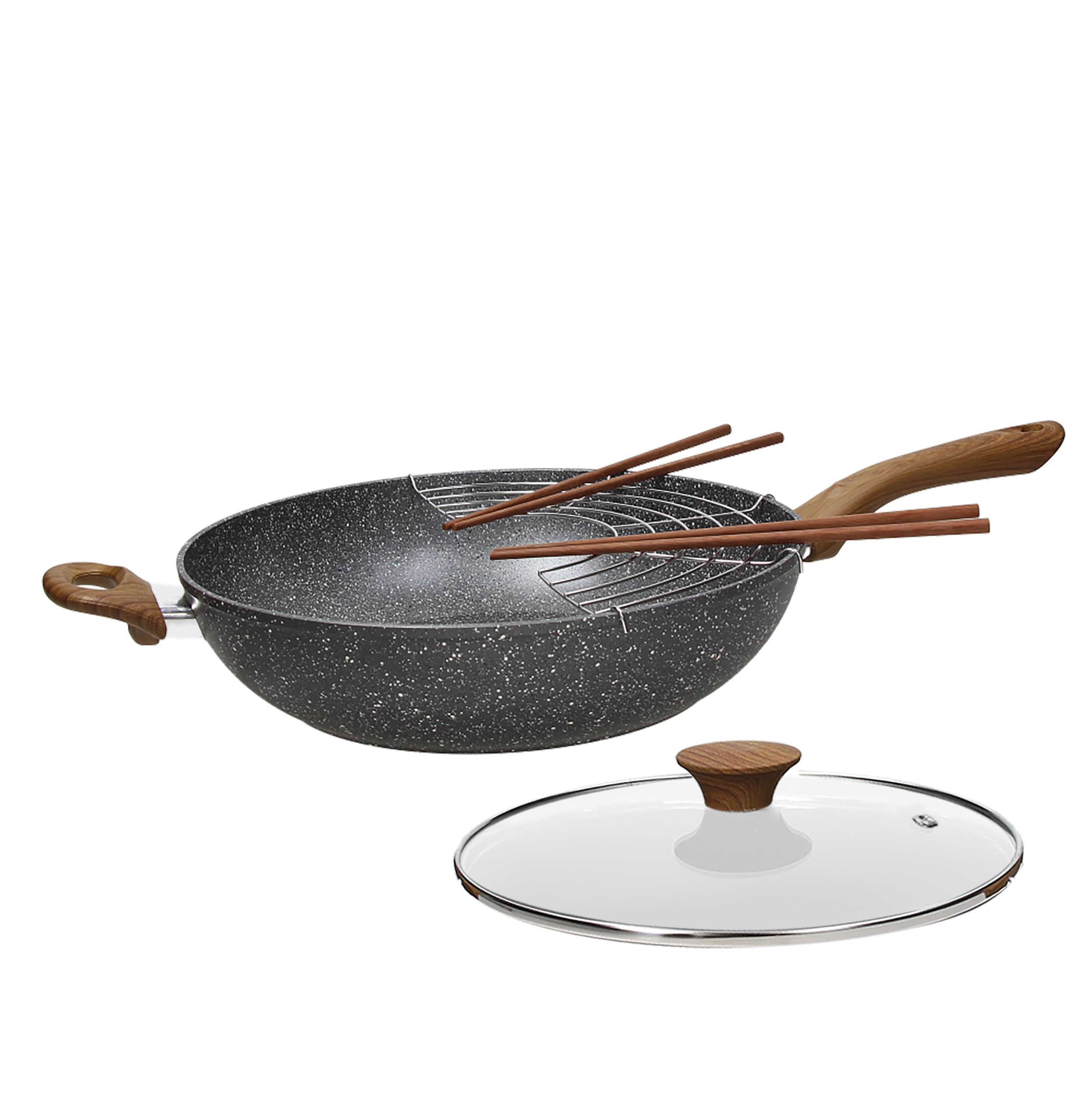 Tognana Stone & Wood, wok oriental con griglia e coperchio in vetro 32 cm + 4 bastoncini in legno, alluminio, grigio