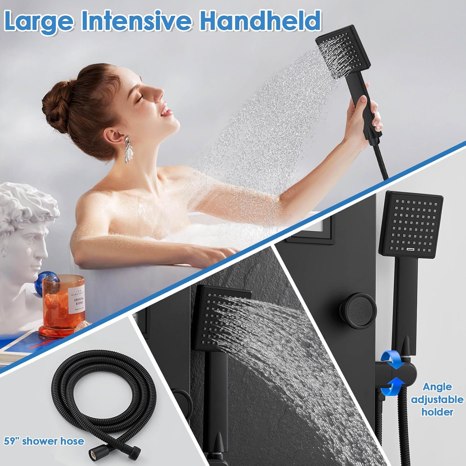 ROVOGO 46.5" Shower Panel Tower System with Rainfall Waterfall Shower Head, 6 Body Jets, Handheld and Temp Display, Stainless Shower Column with Mixer Valve, All Black
