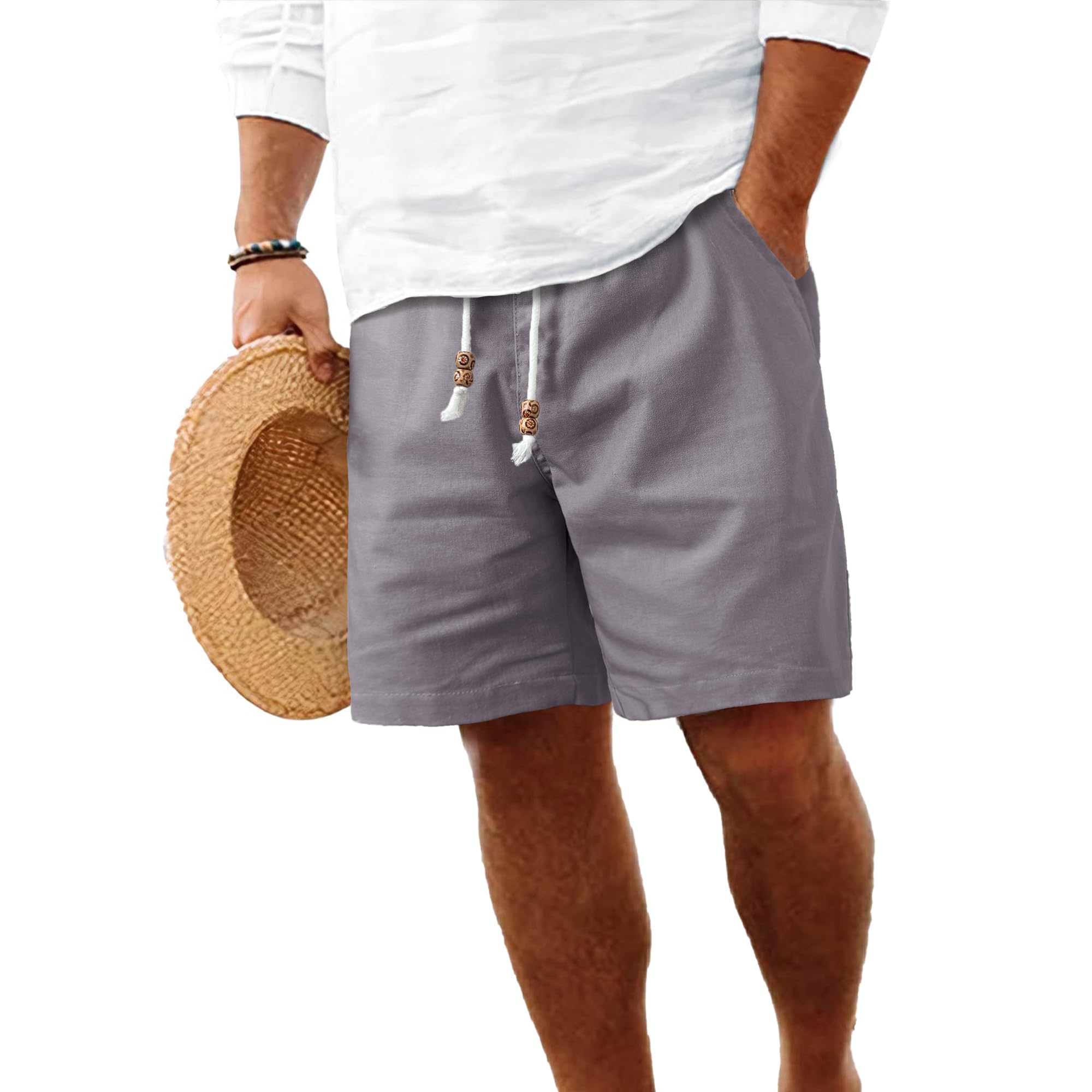 HOTake Men's Linen Shorts Casual Drawstring Elastic Waist Summer Beach Vacation Shorts