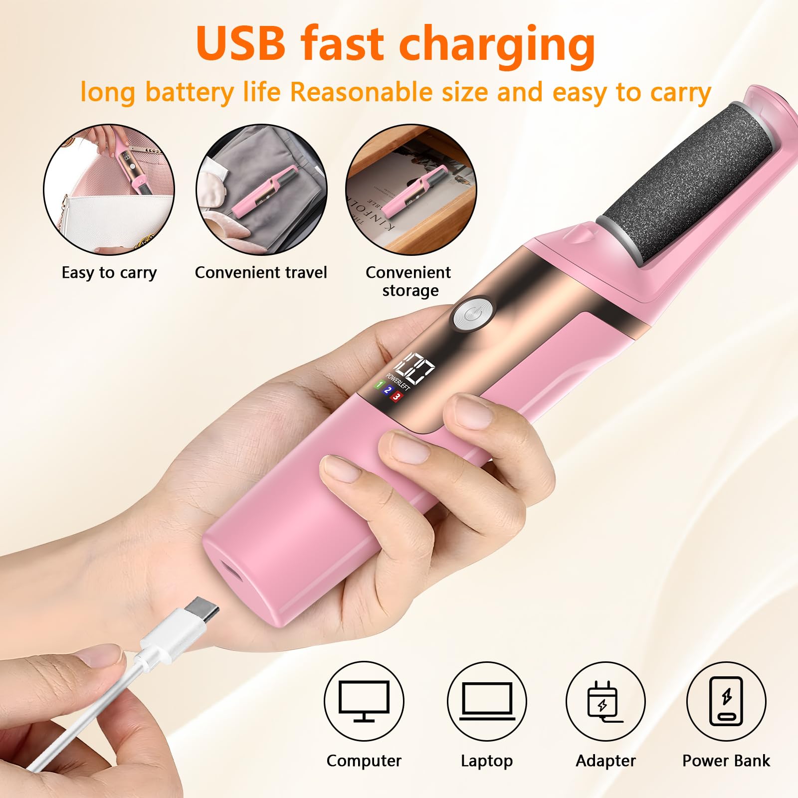 PKBD Lima Eléctrica Pies Pedicura Eléctrica Profesional, Herramientas de Cuidado de Pies y Kits de Accesorios, 3 Velocidades, Impermeable, Larga Vida de la Batería, Lijado Profesional Foot File,Rosa