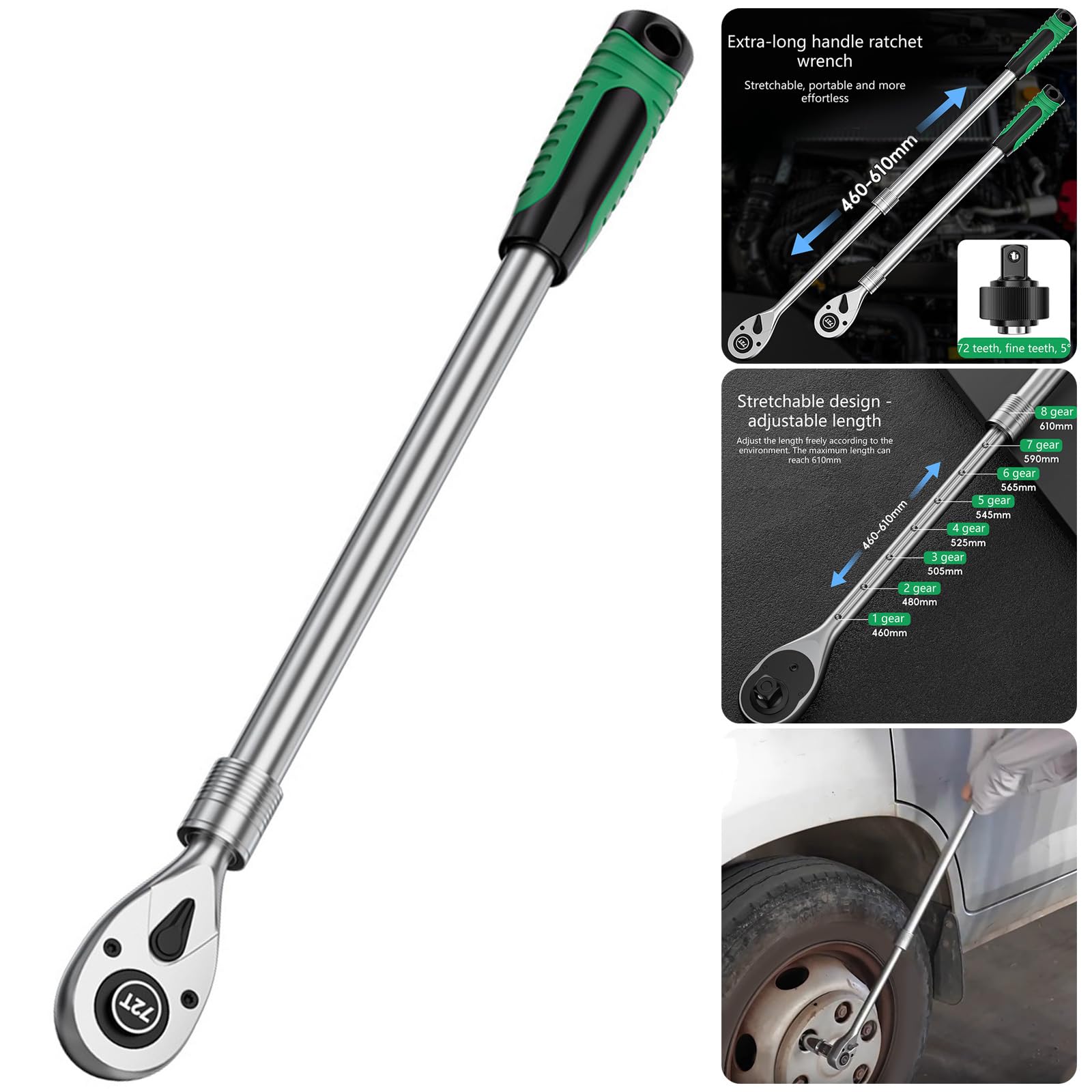 Chiave a cricchetto allungabile resistente 72T Gear impugnatura in gomma antiscivolo e design a cambio rapido per spazi ristretti Chiave a bussola ergonomica con manico lungo