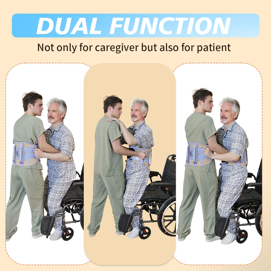 Caregiver Gait belt with 4 Handles - Lower Back Pain Relief Lumbar Support Belt, Breathable Elastic Compression Band, 3 Replaceable Pads for Patient Transfer & Fall Prevention (XL)