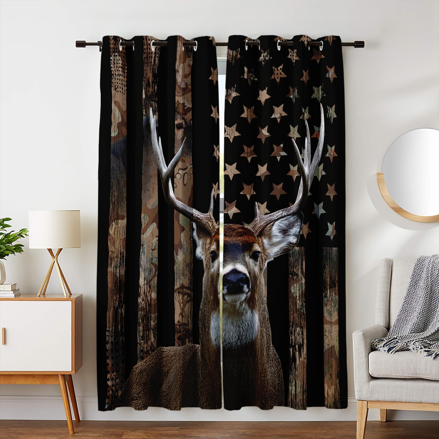 HOSIMA Hunting Deer Curtains for Bedroom & Living Room, 63 Inch Long 2 Panels Hunter Decor with American Flag & Forest Wildlife Theme