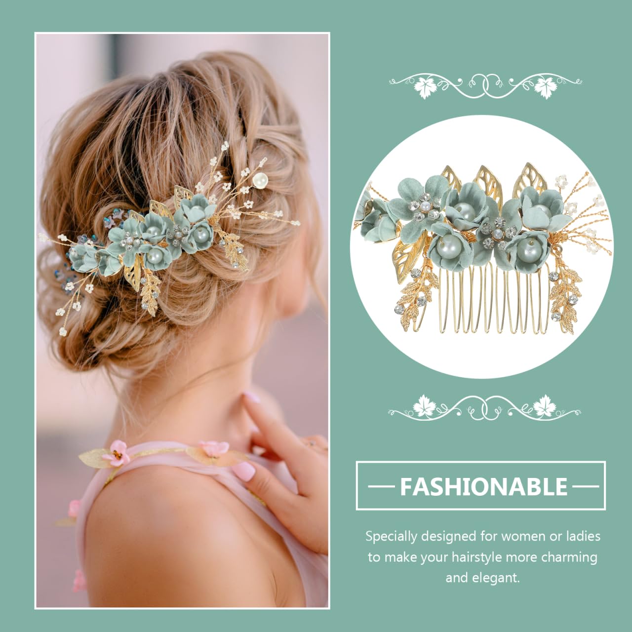 Healvian Bridal Hair Combs Sage Green Wedding Hair Comb Slide for Women Pearl Rhinestone Headpiece - Image 3
