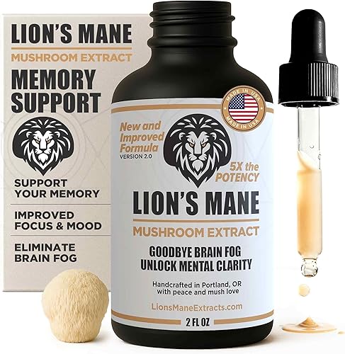 Tintura de hongo con extracto de melena de león Apoyo de enfoque, memoria y claridad 2 onzas, suplemento líquido de melena de león Doble