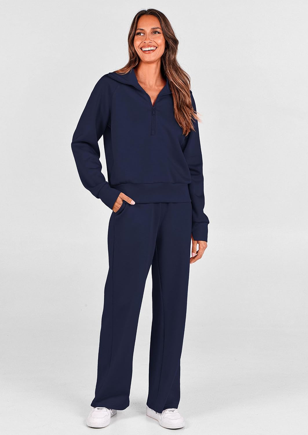 PRETTYGARDEN Women's 2 Piece Outfits Casual Lapel Half Zip Sweatshirts and Wide Leg Pants Tracksuit Sets