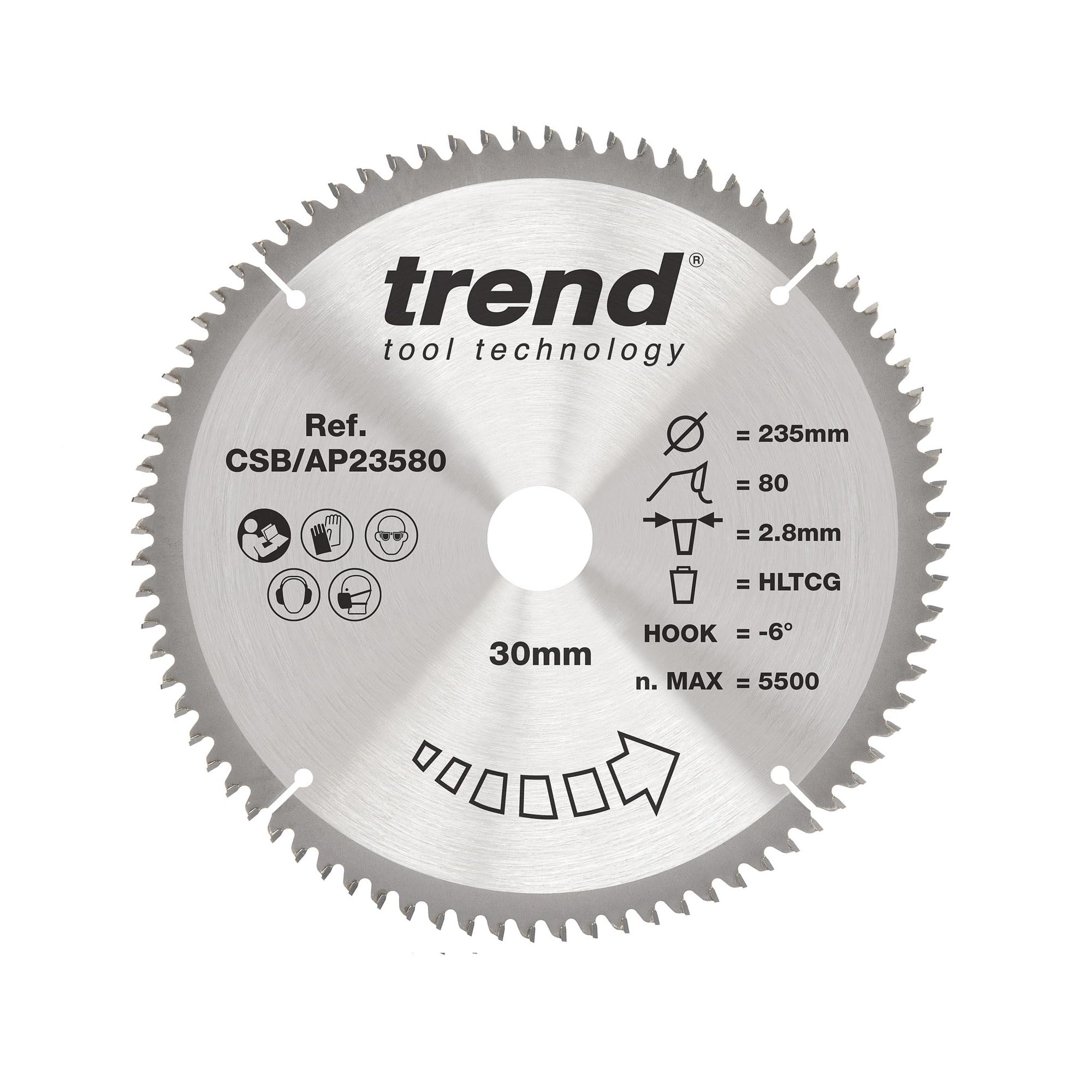 Trend Aluminium & Plastic Circular Saw Blade, 235mm Diameter, 30mm Bore, 80 Teeth, 2.8mm Kerf, -6° Hook, TCT, Extra-Fine Finish, CSB/AP23580