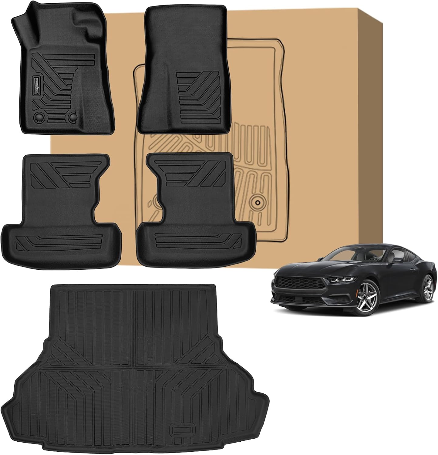 Peleus Floor Mats for Ford Mustang 2015-2025 2026 (NOT for Mach-E,Cargo w/o Subwoofer Box),TPE All Weather Protection 2 Rows Car Floor Liners with Cargo Liner for Ford Mustang Trunk Mat+Floor Mats