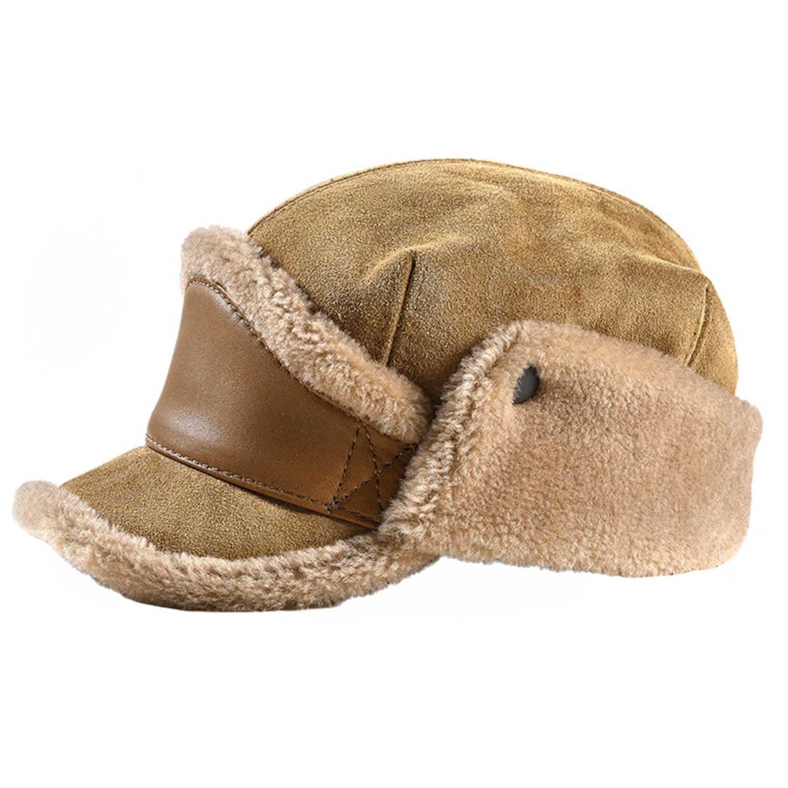 Reyox Men's Winter Hat with Visor, Warm Earflaps Trapper Hat, Sheepskin Baseball Cap Khaki XX-Large