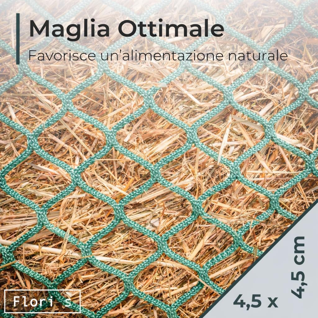 Flori's® Rete da Fieno per Balle Tonde – Ø 150 cm, Altezza 150 cm – Maglia 4,5 x 4,5 cm – Rete da Fieno Stabile per Cavalli per un'alimentazione Naturale - Rete per Balle Tonde per Fieno, Rete da