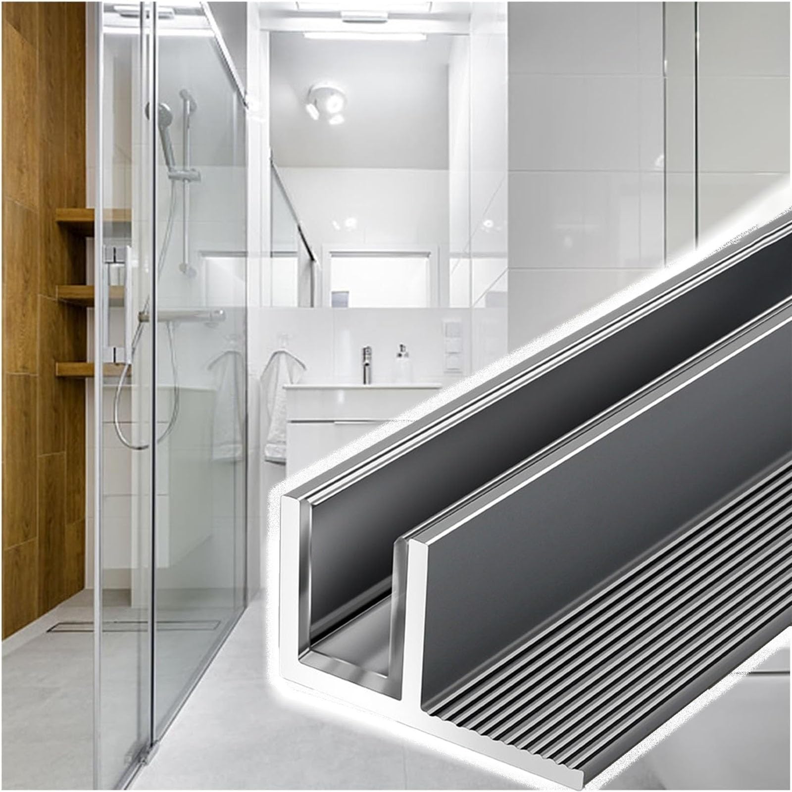 Canal fixe en verre de douche profilé aluminium gris encastrable