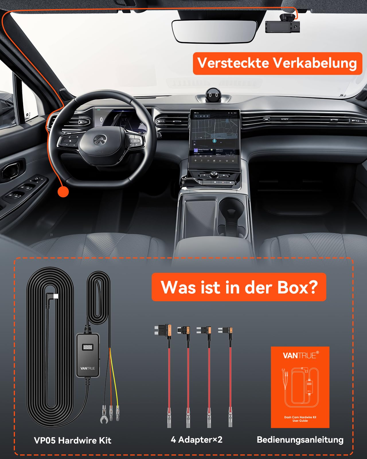 VANTRUE Kit di Cablaggio USB-C con 3 Velocità, Cavo ACC e display per Dashcam USB-C, da 12V/24V a 5V, Portafusibili con Protezione da Bassa Tensione, Modalità di Parcheggio 24H