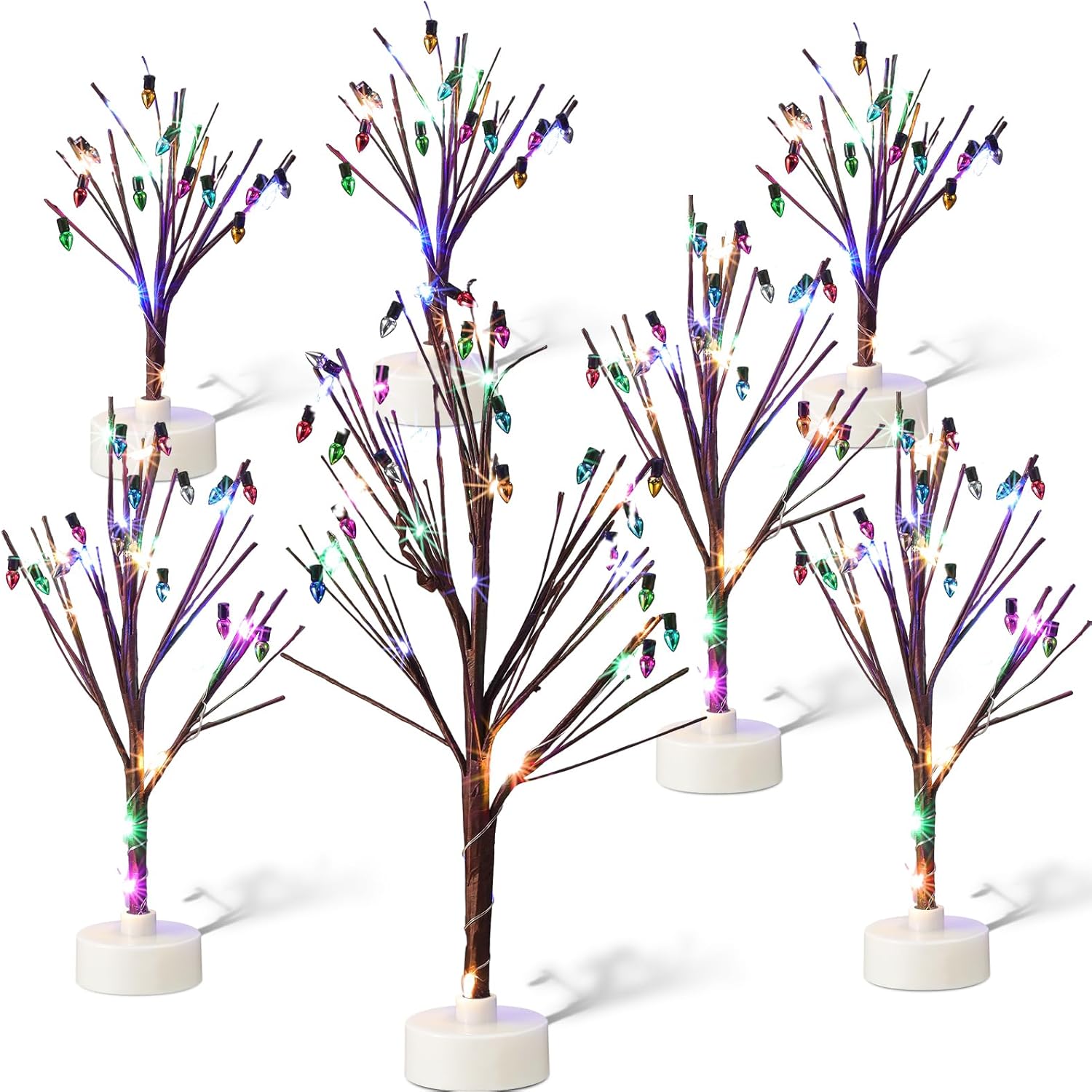 7 Pcs Lighted Christmas Village Trees with LED Light Bulb