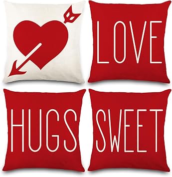 Vellibring Valentines Day Pillow Covers 18 x 18 Inch Red Throw Pillow Covers for Holiday Love Hugs XOXO Heart Arrow Anniversary Wedding Cushion Covers Decoration for Sofa Decor
