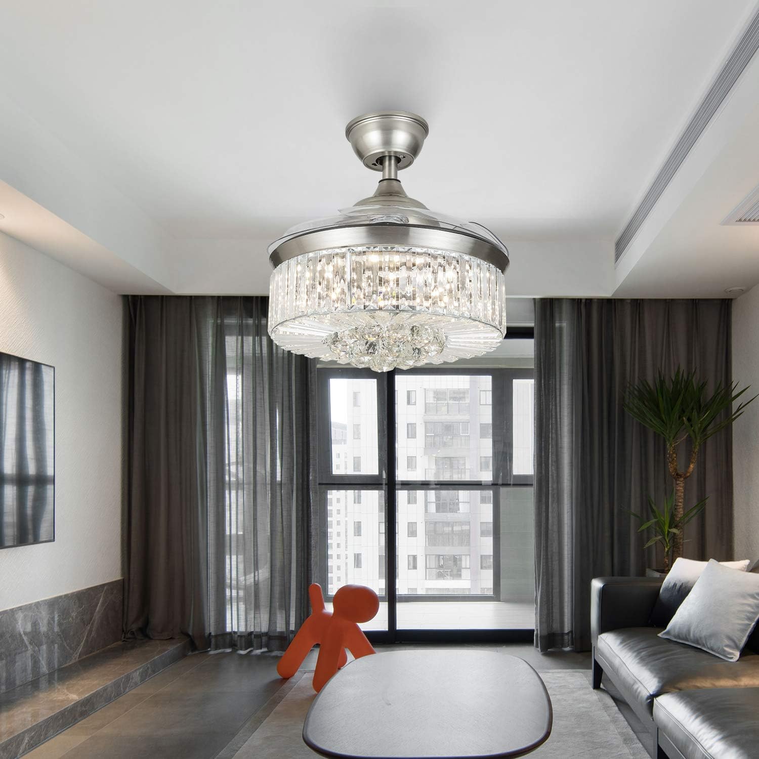 Nеw Dеаl Modern Crystal Chandelier Ceiling Fan with Lights and Remote Control, Invisible 36 Fandelier LED Light kit with Retractable blades, Chrome