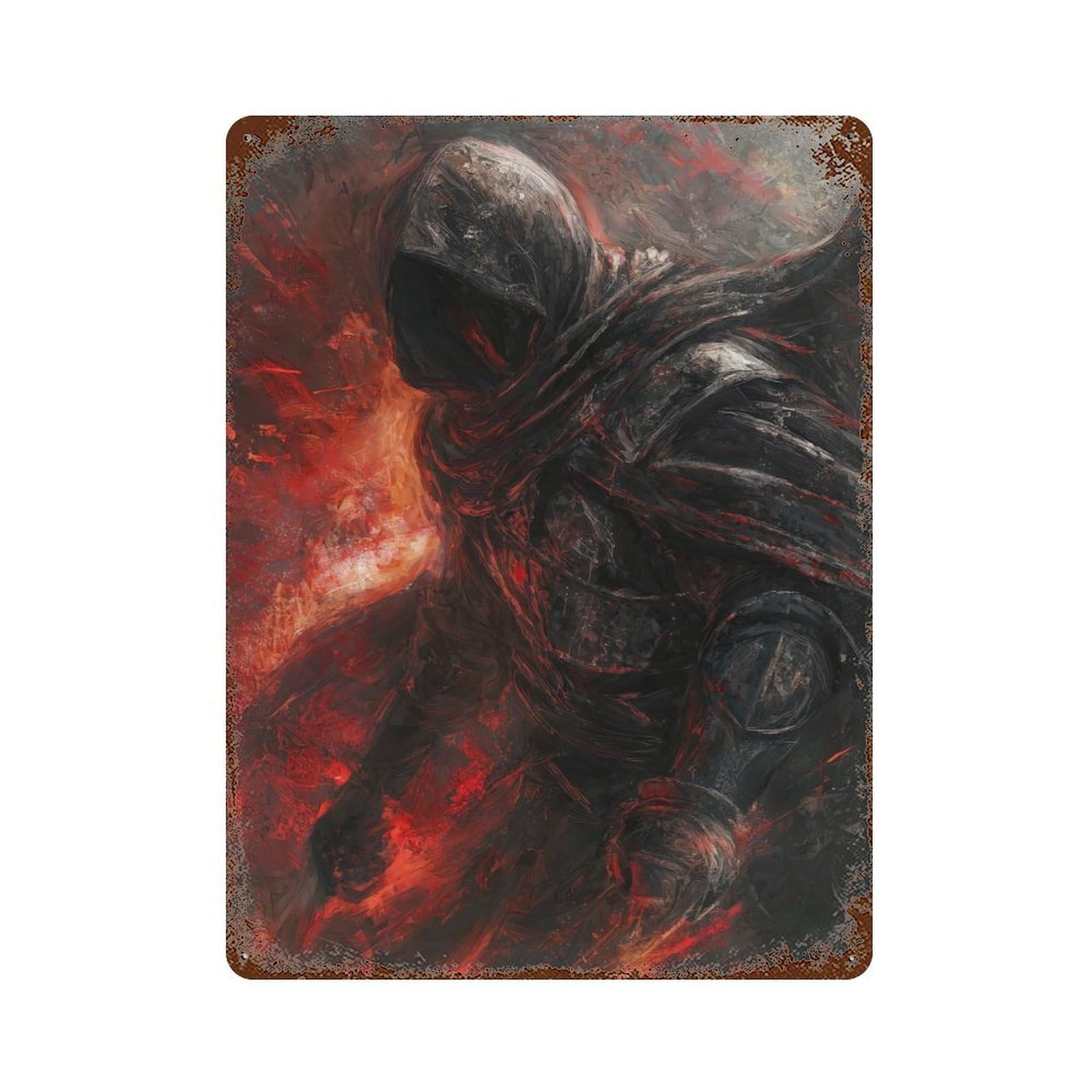 Hooded Figure in Flames Rust Effect Tin Sign 15.7"x11.8", Novelty Wall Decor for Garage, Pub Or Kitchen