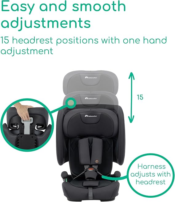 Bebeconfort Ever & Go i-Size, Evolutive Car Seat, 15 Months - 12 Years, 76-150 cm, ISOFIX Foldable Travel Car Seat, Compact & Lightweight (5kg), 15 Headrest Positions, Full Black