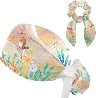 FVQL 2 Pieces Surgical Cap for Long Hair Scrub Cap with Hairband Nurse Cap, Cartoon Deer and Bird