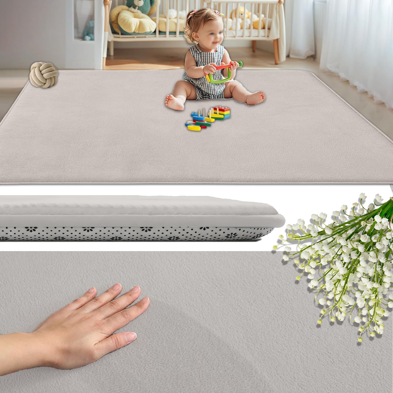 GmyoieqI Coral Velvet Baby Play Mat 2CM Thick, Non-Slip Backing Playmat for Floor Playroom Bedroom Yoga Mat 130 x 130 cm Large Memory Foam Area Rugs for Crawling Soft Play Tummy Time Activity Beige