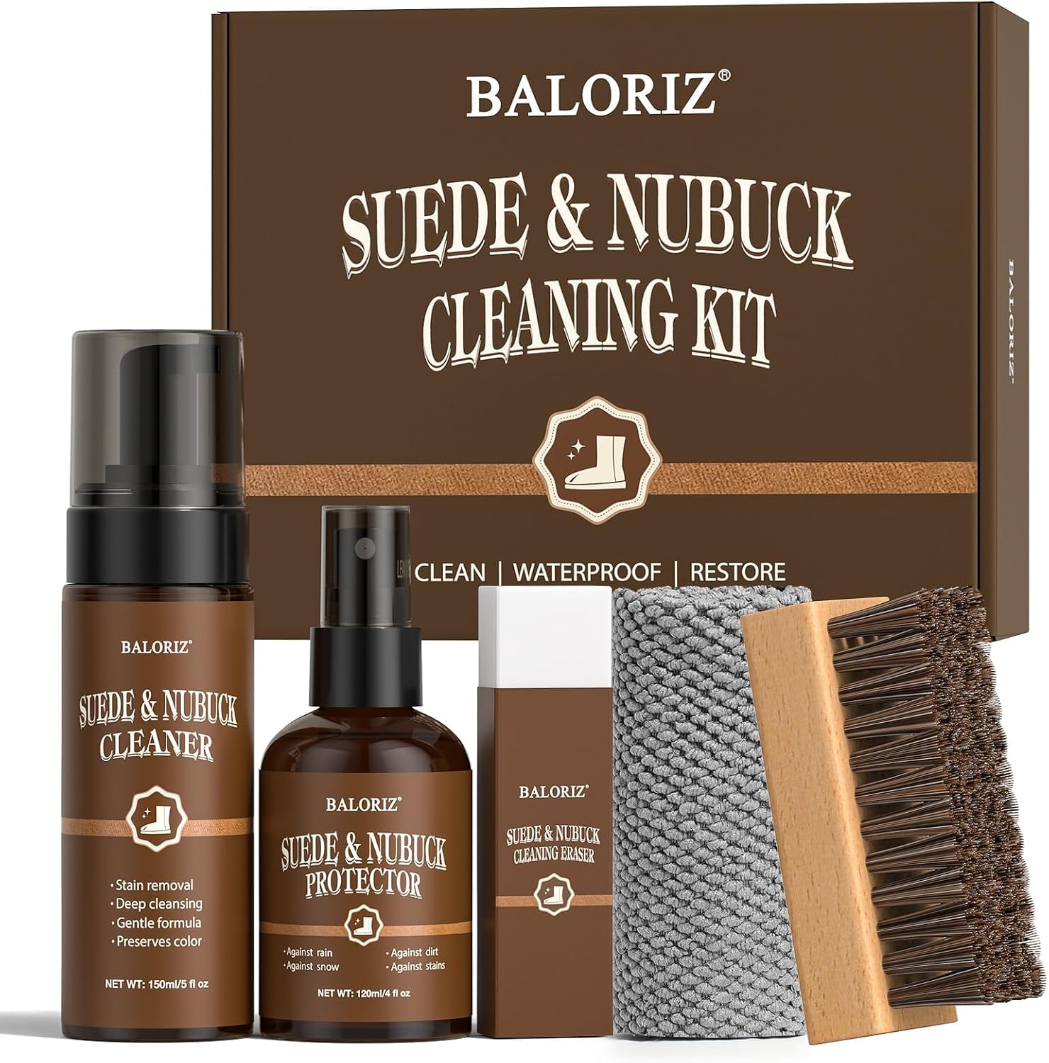 Suede & Nubuck Care Kit – 5-Piece Set with Suede Cleaner, Protector, Suede Brush & Eraser Clean, Suede Cleaning Kit Protect & Restore Shoe, Boots, Uggs, Jackets, Furniture, Handbag and Apparel - Amazon product rated Grade B