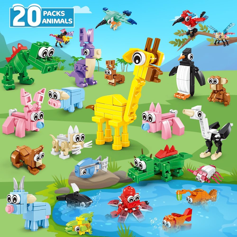 HOGOKIDS 20 Packs Party Favors for Kids, 60 Kinds of Mini Animals Toy Building Block Set for Easter Valentines Day Classroom Prizes Goodie Bag Stuffers Birthday Gifts for Boys Girls Ages 6-12+