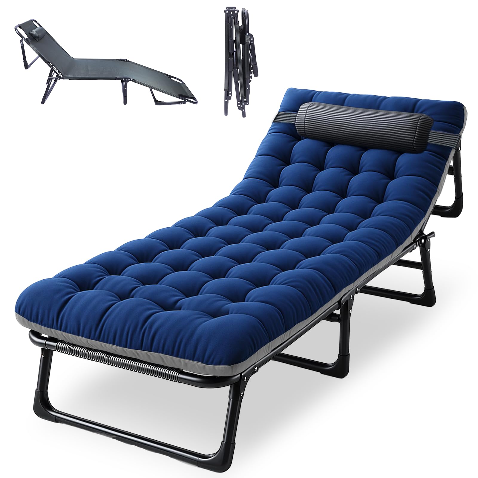 Oxford and Steel Frame 4-Angle Adjustable Foldable Bed Folding Camping Cot Bed with Extra Wide Padded Mattress Support for Adults Outdoor Travel Tent Use(Blue&Gray Mattress,L - 75 * 26'')