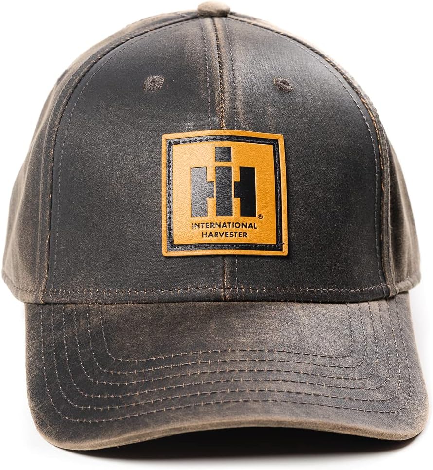 International Harvester IH Tractor Hat with Leather Emblem, Oil Distressed