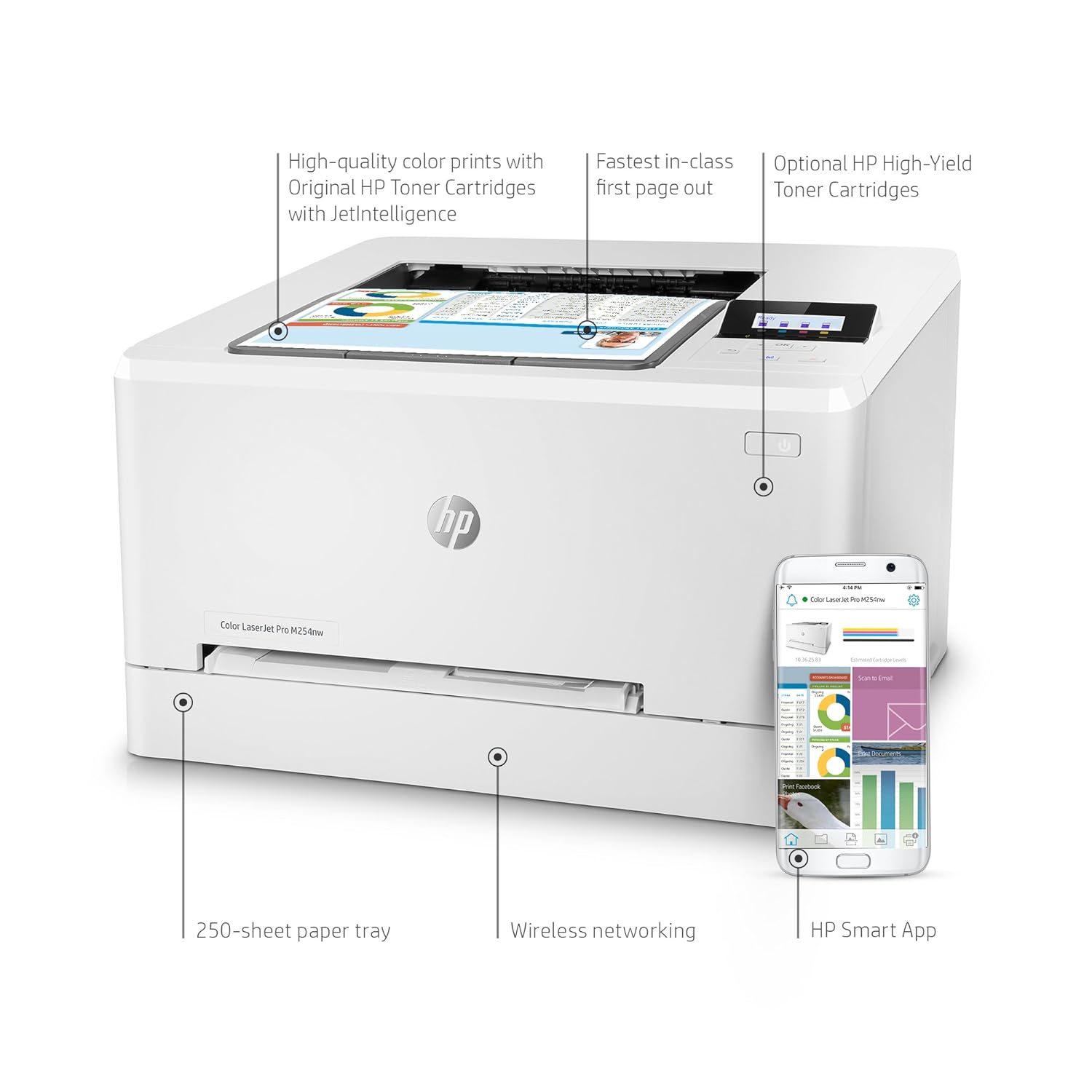 HP Color LaserJet Pro M154NW Printer with a smartphone displaying the HP Smart App