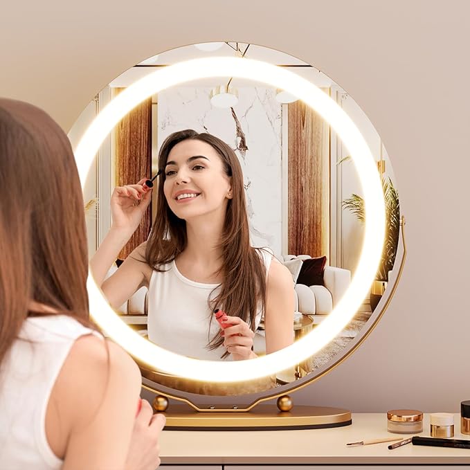 Espejo de maquillaje redondo 19" con luz LED, oro miniatura 3
