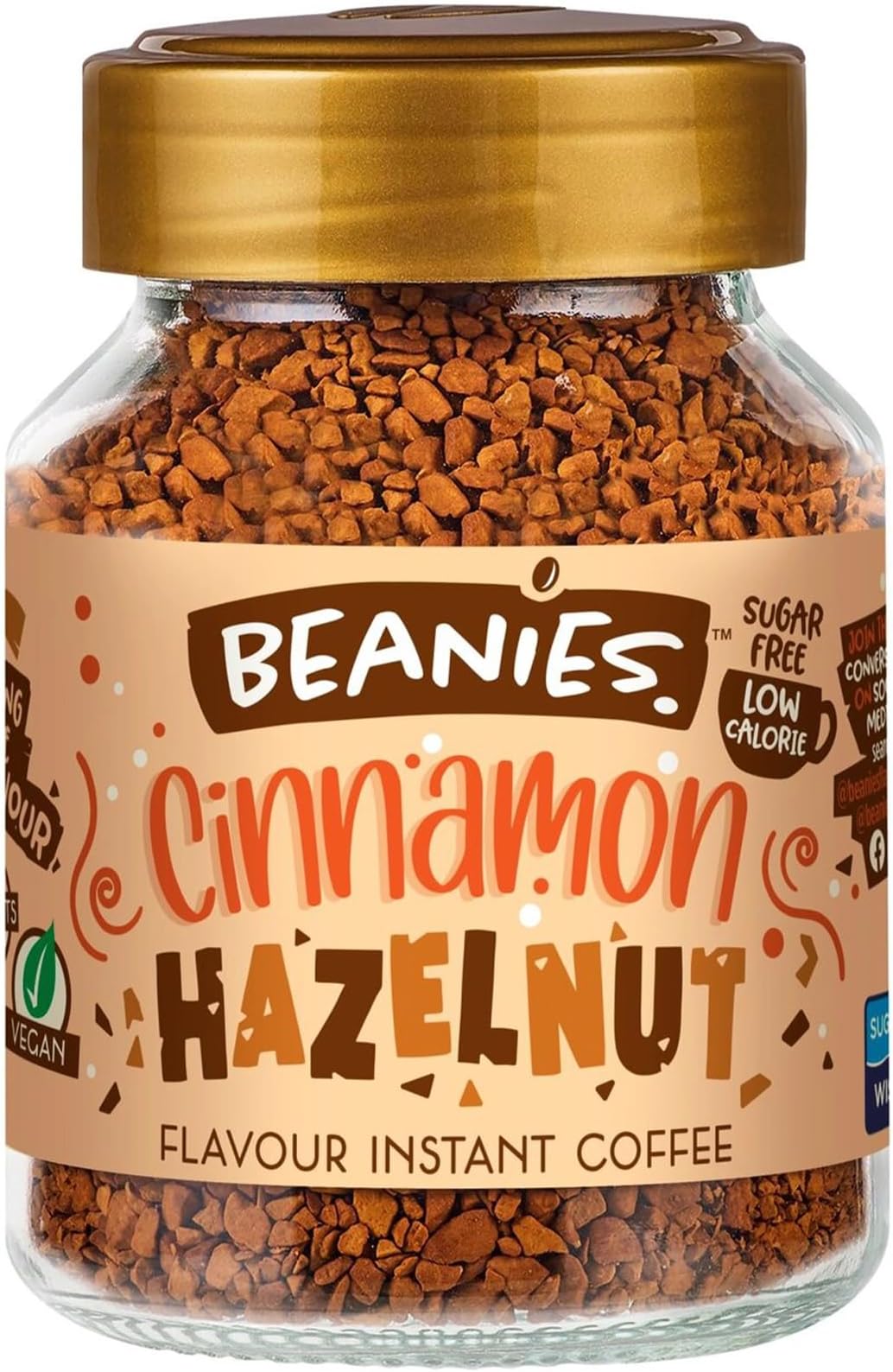 Beanies Flavour Instant Coffee - Cinnamon Hazelnut Instant Flavored Coffee - An Indulgent Sugar Free Taste Explosion - Low Calorie - Vegan & Gluten Free - Wheat & Dairy Free, 50g jar