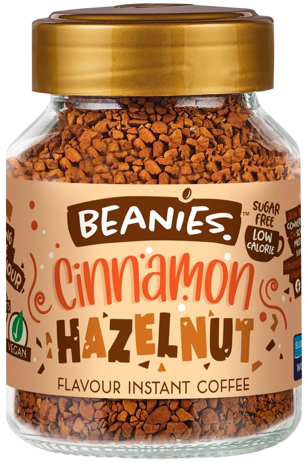 Beanies Flavour Instant Coffee - Cinnamon Hazelnut Instant Flavored Coffee - An Indulgent Sugar Free Taste Explosion - Low Calorie - Vegan & Gluten Free - Wheat & Dairy Free, 50g jar