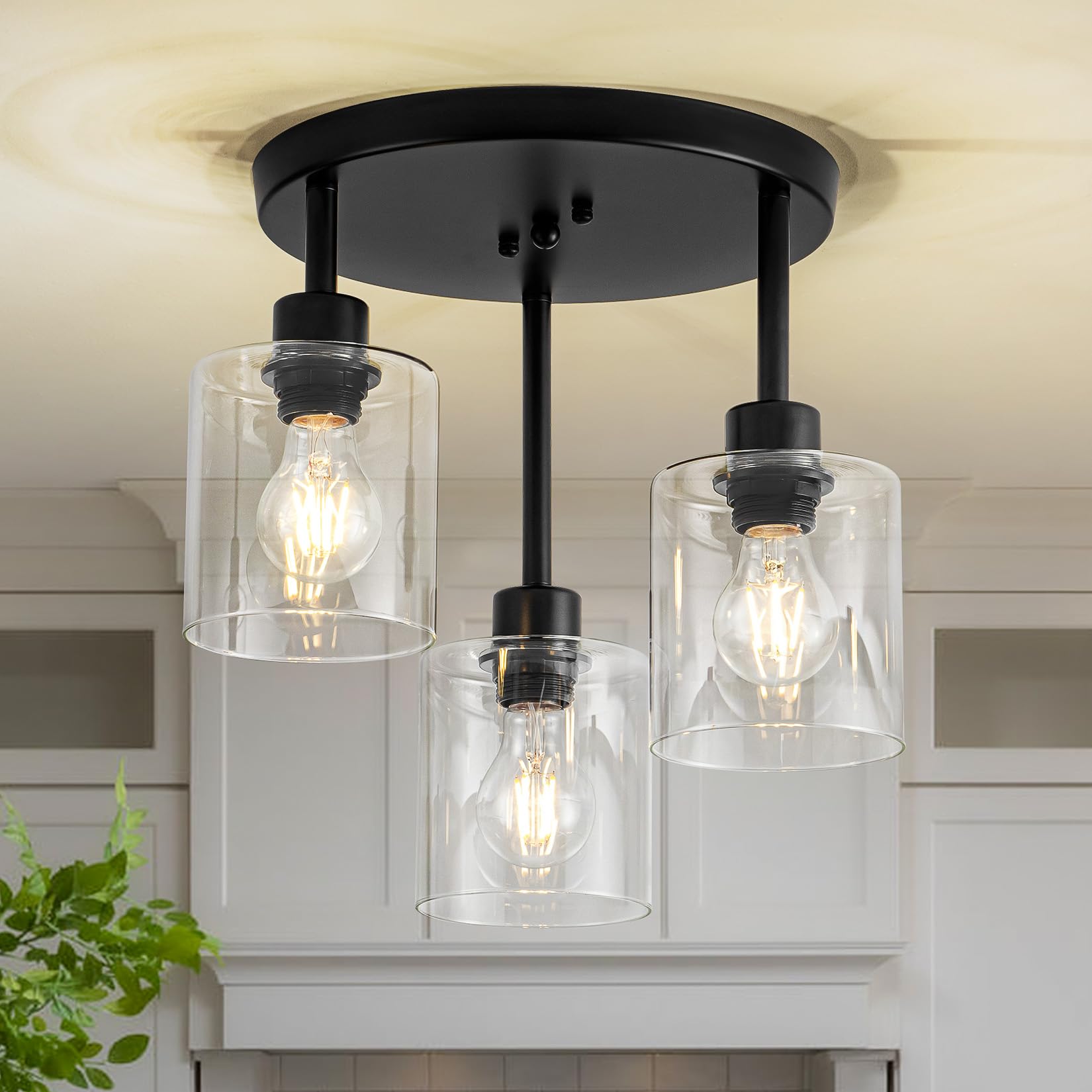 ROCUNSI Black Ceiling Light Fixtures for Kitchen, 3-Light Modern Kitchen Lighting Fixtures, Hallway Ceiling Lights with E27 Base, Light Fixtures Ceiling Mount for Bedroom Hallway Dining Room