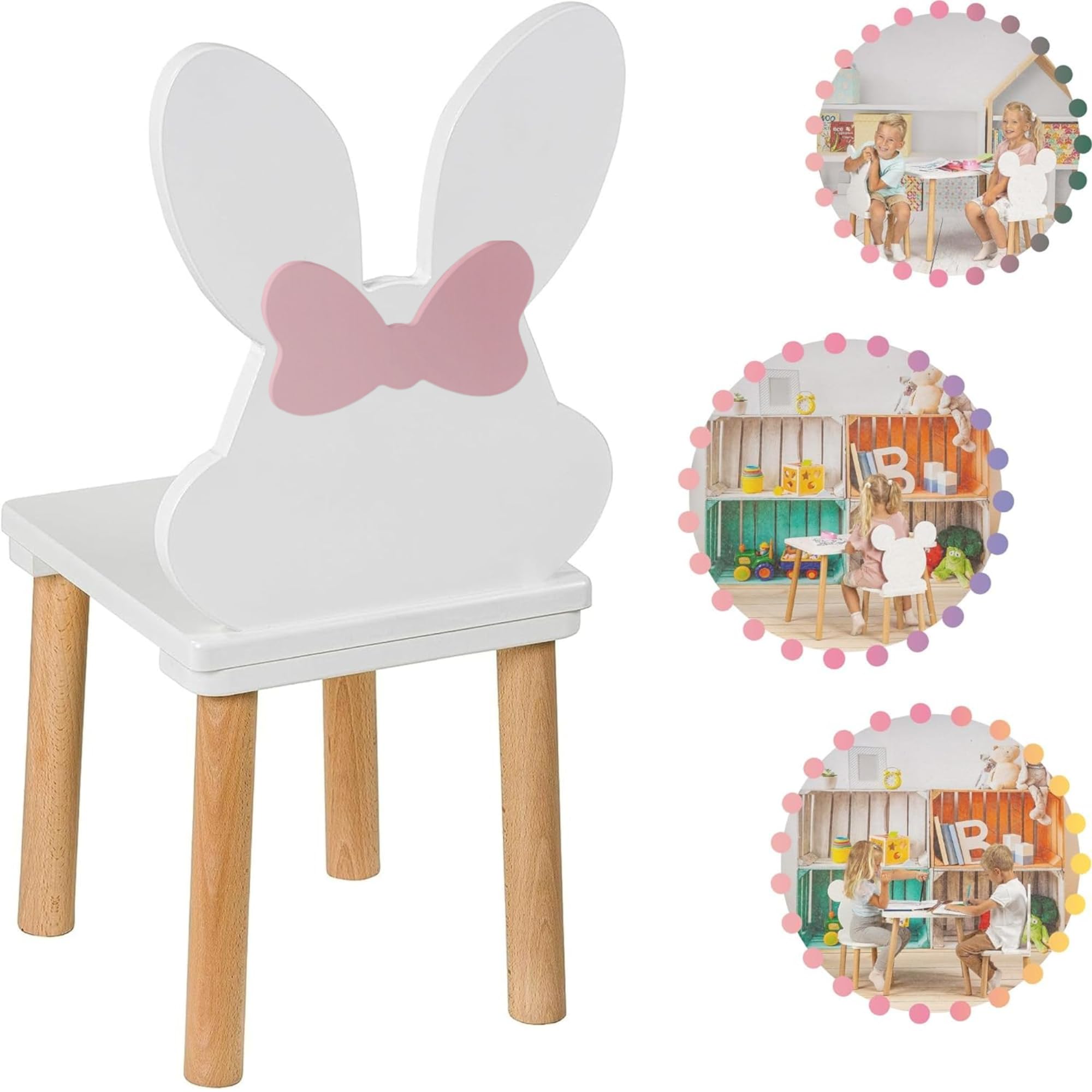 Petite Chaise Enfant En Bois Avec Dossier Oreilles De Lapin - Rehausseur Pour 1 à 6 Ans, Antidérapant, 45x25x26 Cm