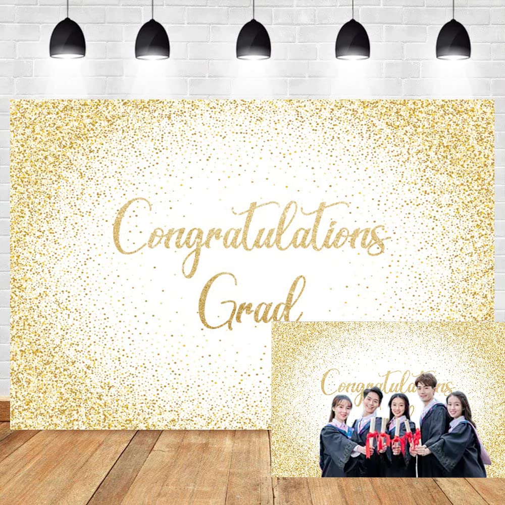 OERJU Graduation Backdrop White and Gold Glitter Congrats Grad Backdrop Banner Class of 2025 Photo Backdrop School College Congratulations Graduation