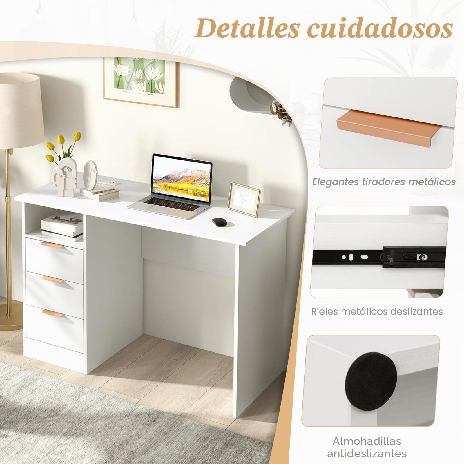 GIANTEX Escritorio de Ordenador con 3 Cajones Laterales y 1 Compartimento Abierto, Mesa de Trabajo con Estación de Carga, 108 x 48 x 76 cm, Escritorio para Dormitorio, Oficina (Blanco)